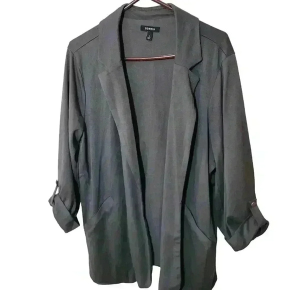 Torrid Blazer Womens 3X Gray Jersey Knit Open Front Tab Sleeve Pockets Career - Picture 5 of 13